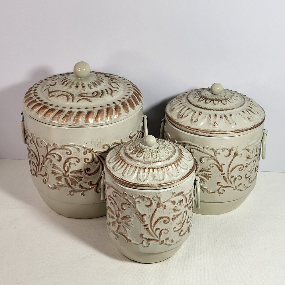 Vintage Farmhouse Metal Canister Set 3pc Cream Copper Embossed Floral Rustic